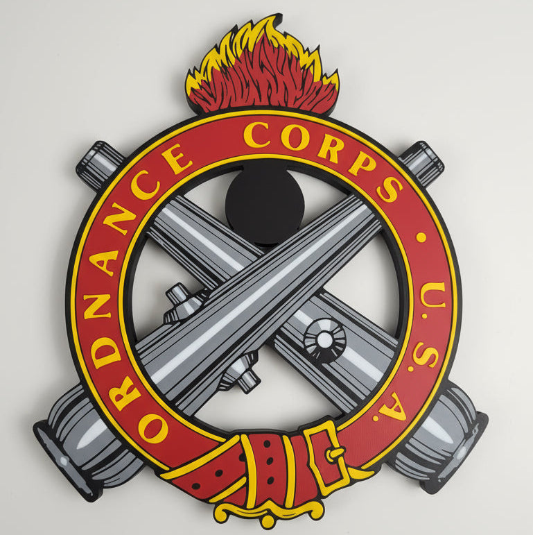 Logo of the Ordnance Corps U.S.A on a gray background