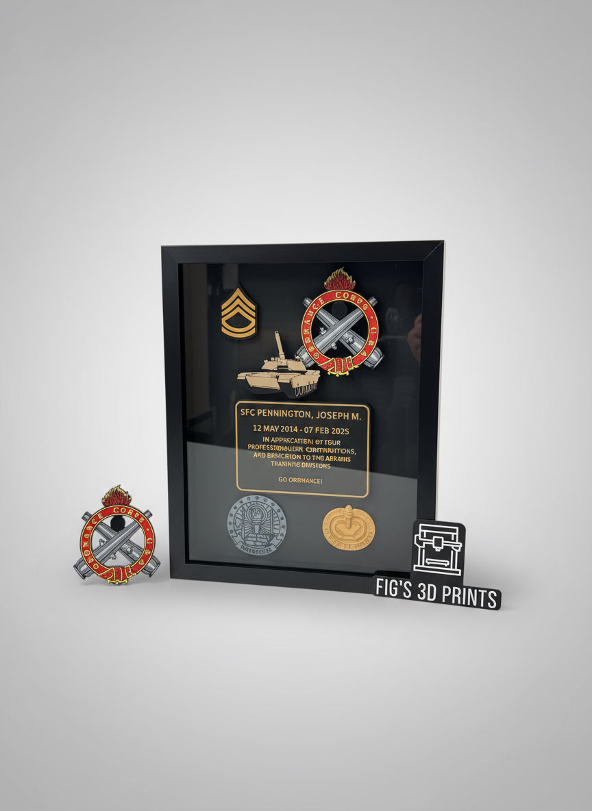 Framed military insignia and decorations on a table with 'FICUS 3D PRINTS' branding.