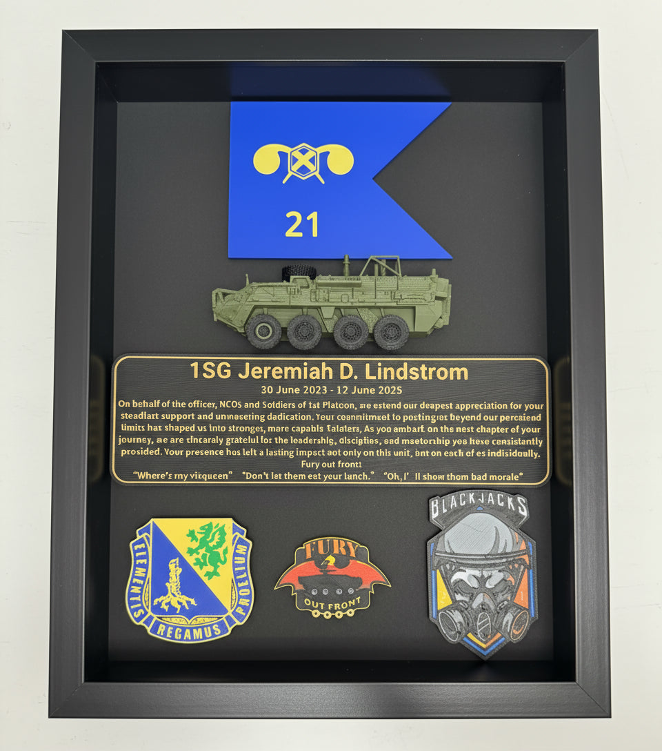 Framed military display with a blue flag, text, and various insignias.