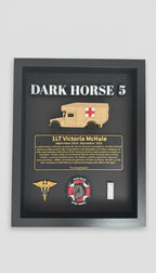 Framed display with 'Dark Horse 5' and medical vehicle illustration, featuring text and logos.